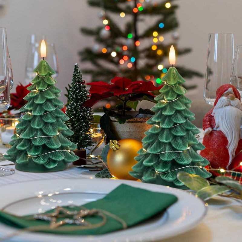 DRomance Christmas Tree Flameless Candles String Lights with 11-Key Remote and Timer, 2 Pack Green Real Wax Battery Operated 3D Wick LED Flickering Candles Dinner Holiday Indoor Decor(3" x 7.1") - Image 5